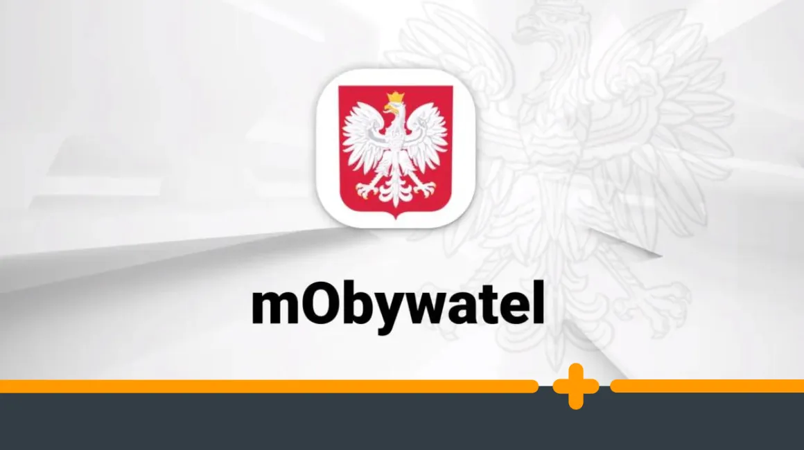 Logo aplikacji mObywatel z godłem Polski na tle graficznym z orłem